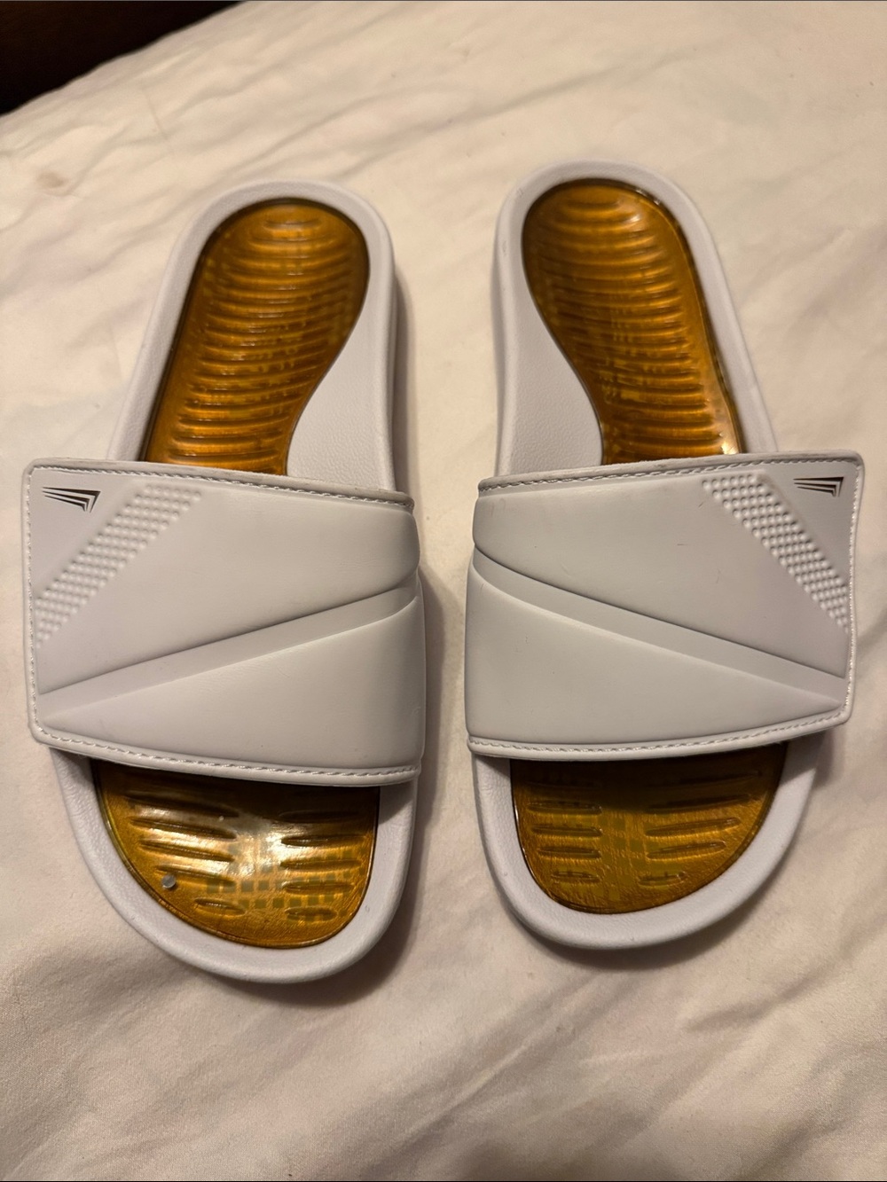 White Slide Sandals with Metallic Gold Insole - Women's